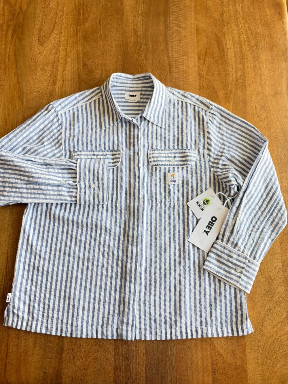 OBEY NWT Blue and White Vertical Stripe Button-Down Shirt Womens | Sz Small
